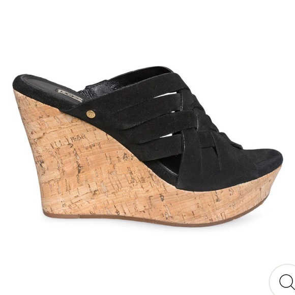 Ugg Marta black suede cork wedge heel sandals.  Size 10. - Picture 2 of 10